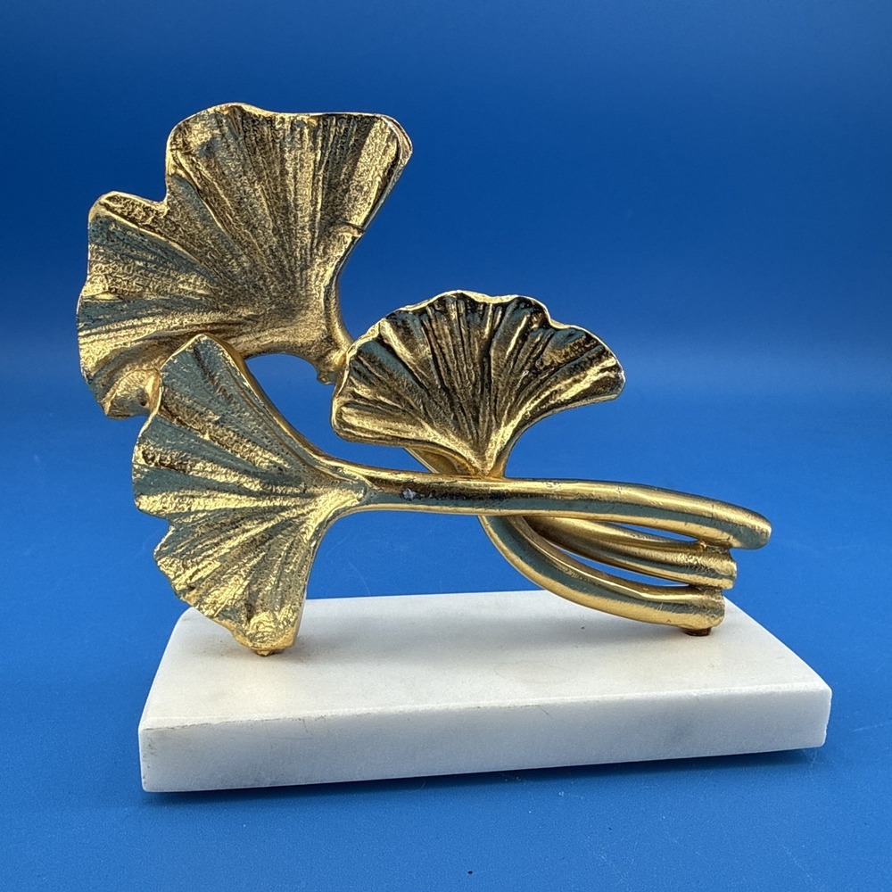 Sculpture 3 Leaf Ginko Gold Look Sculpture Modern Metal Leaves Marble Base